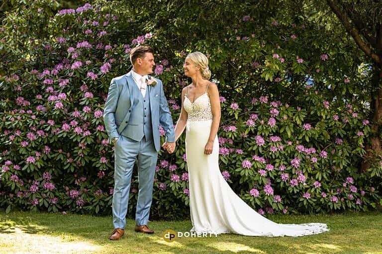 Ardencote manor wedding bride and groom in the gardens
