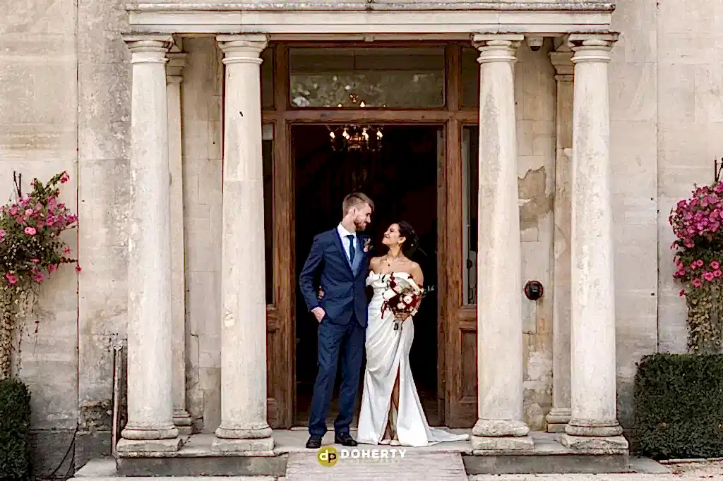 Bride and groom photo outside Eastington park in Gloucester