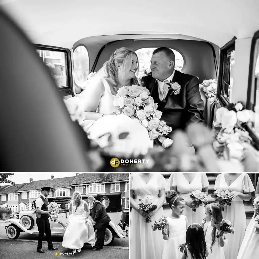 bride with dad in car